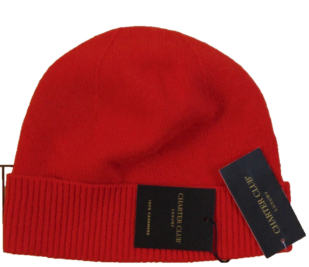 Charter Club women's 100% Cashmere Red Cuffed knit Beanie - Macys Exclusive